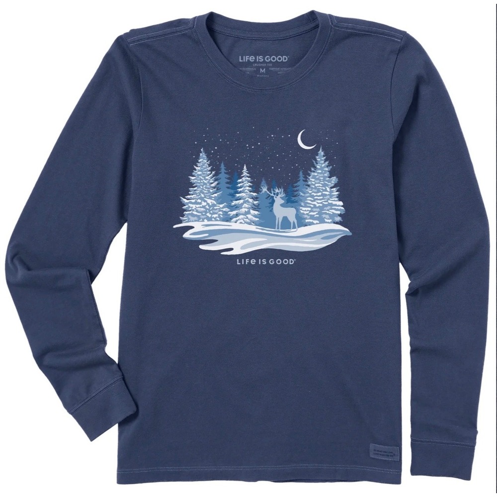 Life is Good Womens Crusher Tee Long Sleeve Navy Blue Winter Deer Graphic